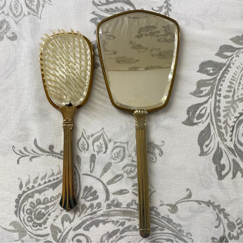 Vintage Brush &‎ Mirror Victorian Stvle Gold Silver Color Floral Etched Vanity